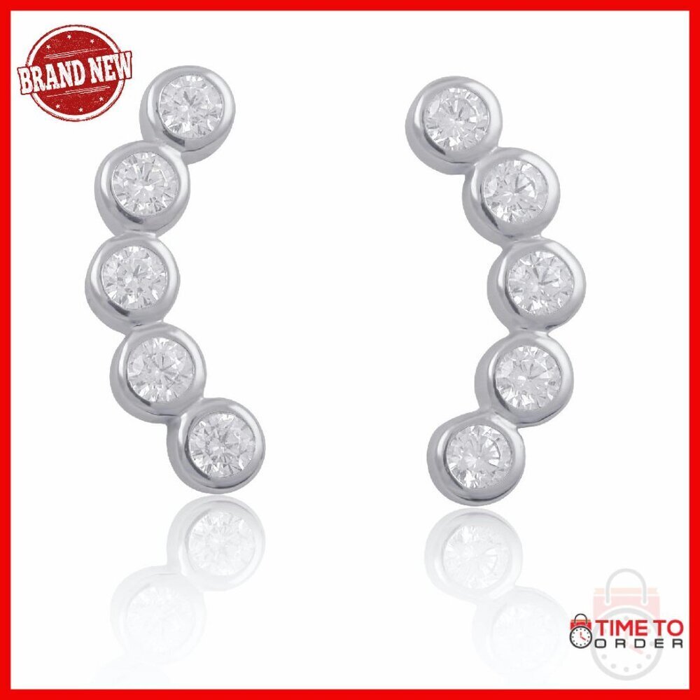 Rhodium Plated Sterling Silver CZ Half Ear Crawler Earrings 20mm